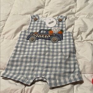 Mud Pie Blue Checkered Baby Romper with Car and Bunny Design